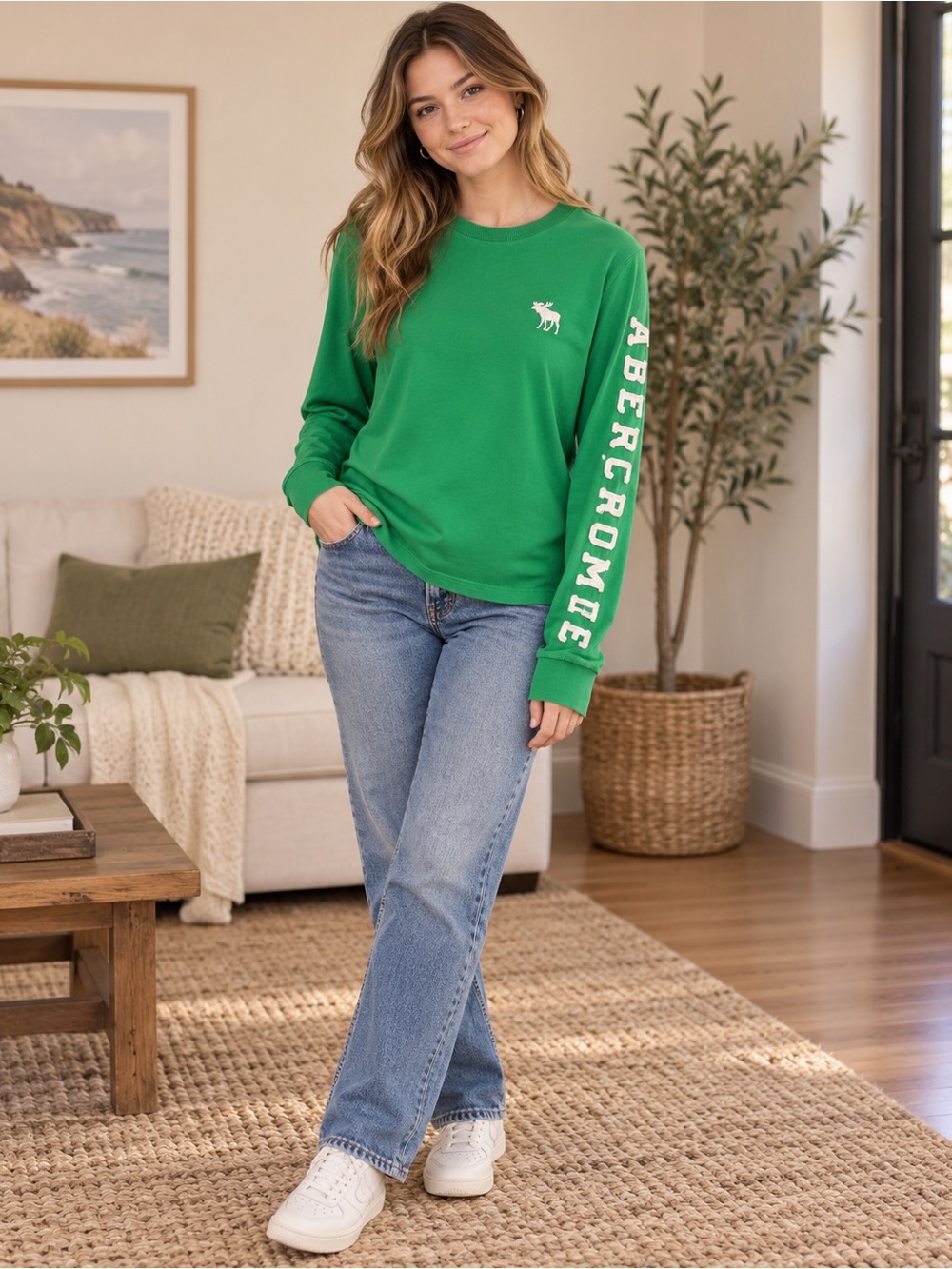 Abercrombie & Fitch Bright Green Logo Sleeve Crewneck Sweatshirt Spellout